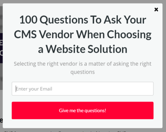 Popup for CMS vendor questions with email signup and red button.