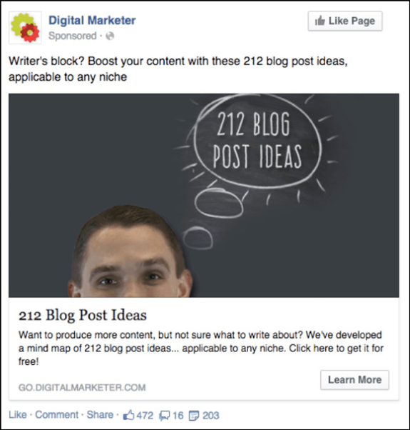 Facebook ad for 212 blog post ideas by Digital Marketer with head and chalkboard.