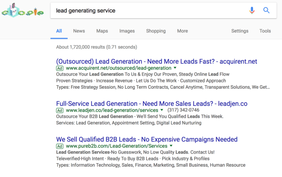 Google search results for lead generating service with ads listed.