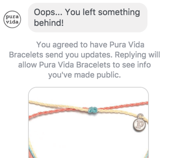Pura Vida Bracelets notification about leaving something behind with bracelet image.
