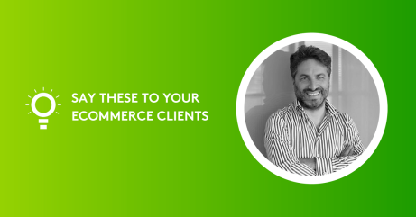 Smiling man in striped shirt on green background with text about ecommerce clients.