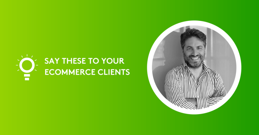 Smiling man in striped shirt on green background with text about ecommerce clients.