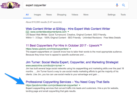 Google search results page for expert copywriter showing various listings and ads.