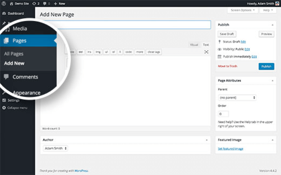WordPress interface showing add new page option with settings.