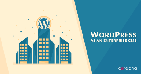 Illustration of WordPress as an enterprise CMS with buildings and logo