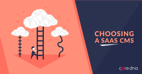 Illustration of a person climbing a ladder to a cloud with text 'Choosing a SaaS CMS'