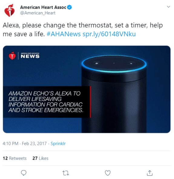 Amazon Echo Alexa providing cardiac and stroke emergency information from American Heart Association.