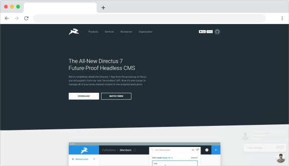 Directus 7 headless CMS website preview with download and watch video options.