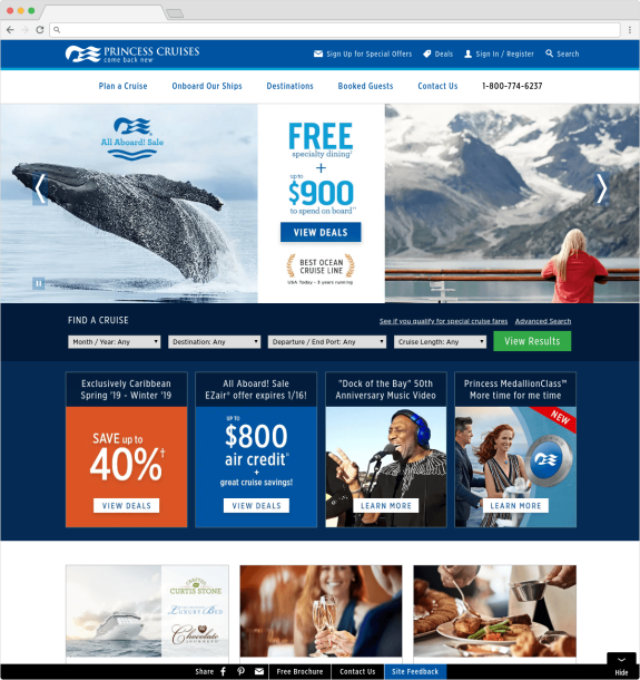 Princess Cruises promotional webpage featuring whale watching and special offers.