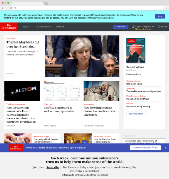 The Economist homepage featuring news on Brexit deal defeat and other articles, January 2019.