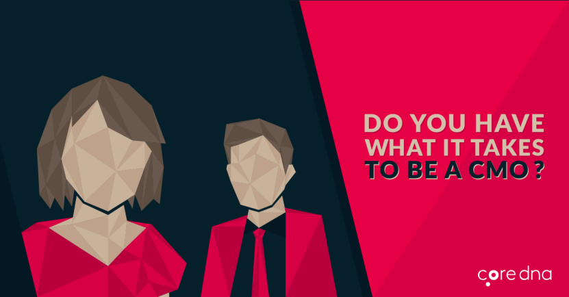 Abstract illustration of two figures with text asking if you have what it takes to be a CMO.