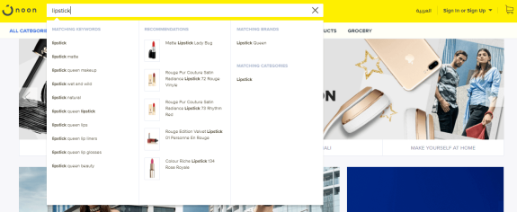 Noon website displaying lipstick search results with recommendations and keywords.