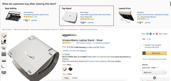 Amazon product page featuring various laptop stands with prices and ratings.