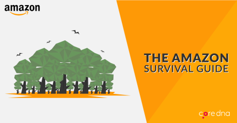 Illustration of Amazon forest with text 'The Amazon Survival Guide' on orange background.