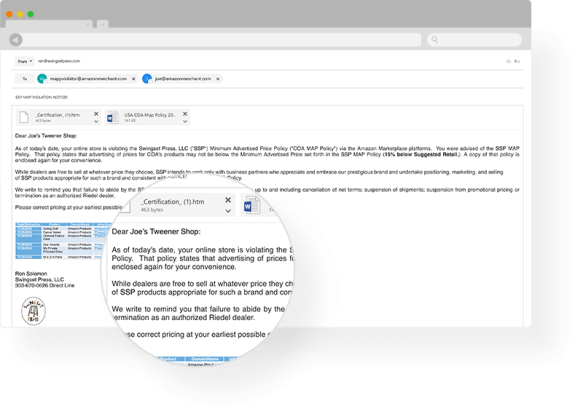 Email showing MAP policy violation notice with zoomed document view.