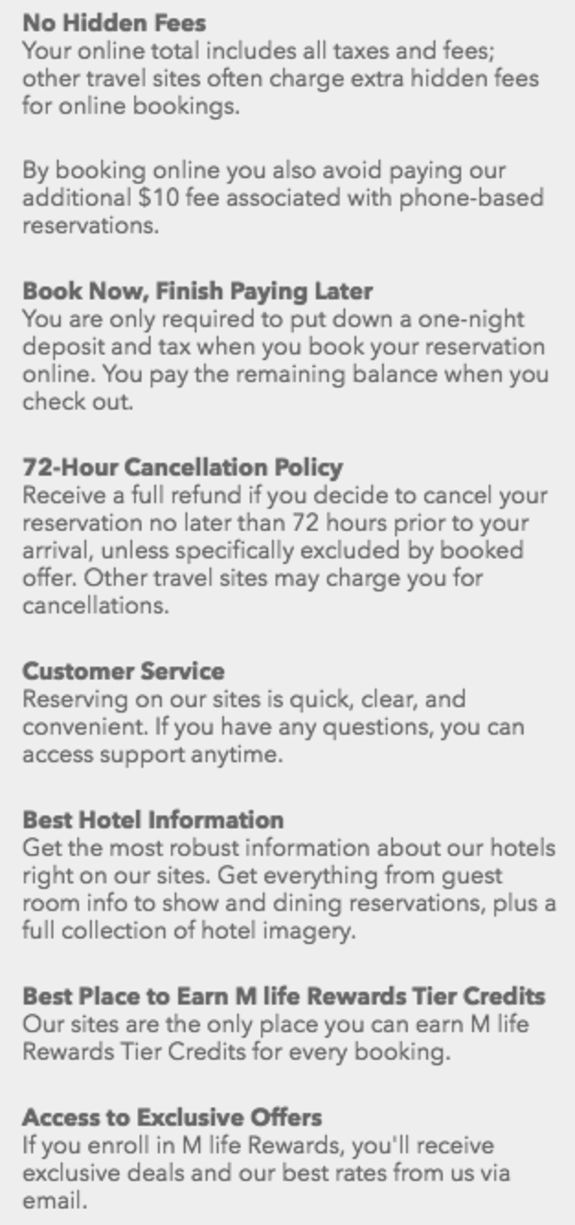 List of hotel booking benefits including no hidden fees and 72-hour cancellation policy.