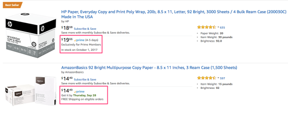 Comparison of HP and AmazonBasics copy paper on Amazon with prices and features.
