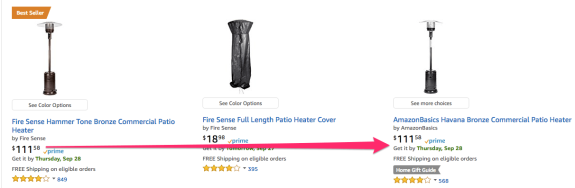 Comparison of patio heaters and cover with prices and ratings on an online store page.