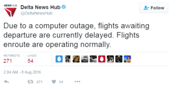 Tweet from Delta News Hub about flight delays due to computer outage on August 8, 2016.