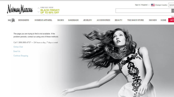 Neiman Marcus error page with Black Friday sale and contact options.
