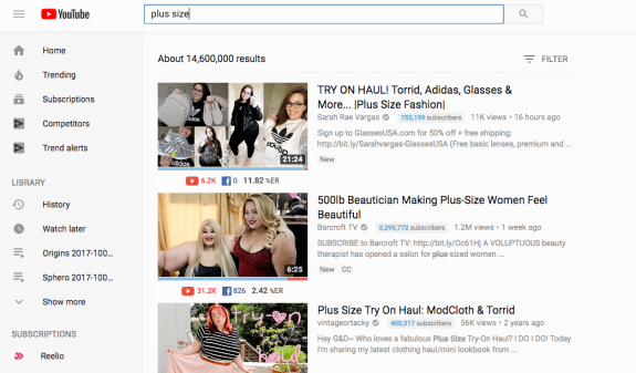 YouTube search results for plus size showing videos on fashion and beauty.