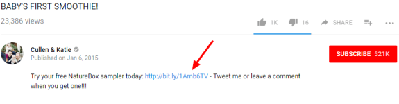 YouTube video description with arrow pointing to a link