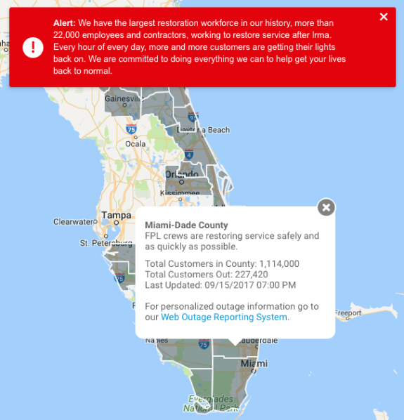 Map showing Florida power outages in September 2017 with alert message.