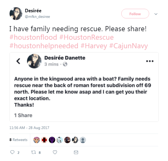 Twitter post requesting rescue during Houston flood with hashtags for help.
