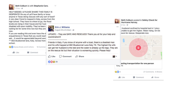 Facebook posts requesting rescue during Hurricane Harvey in Katy, TX.