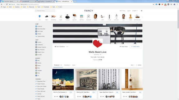 Screenshot of Fancy website showing Walls Need Love shop page with products and followers.