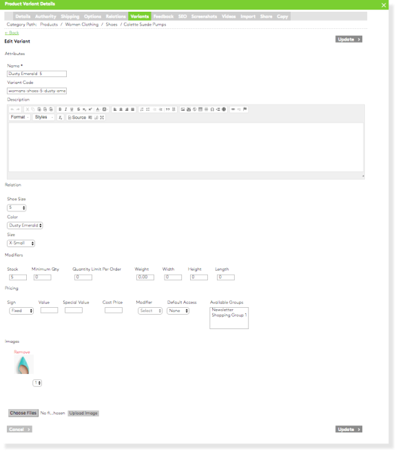 Product variant details page for dusty emerald shoes size 5.