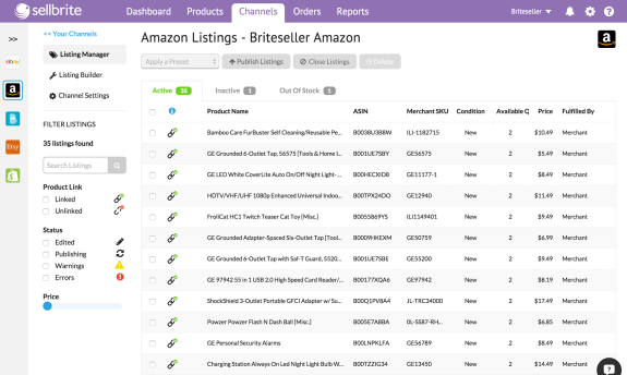 Sellbrite dashboard showing active Amazon product listings and details.
