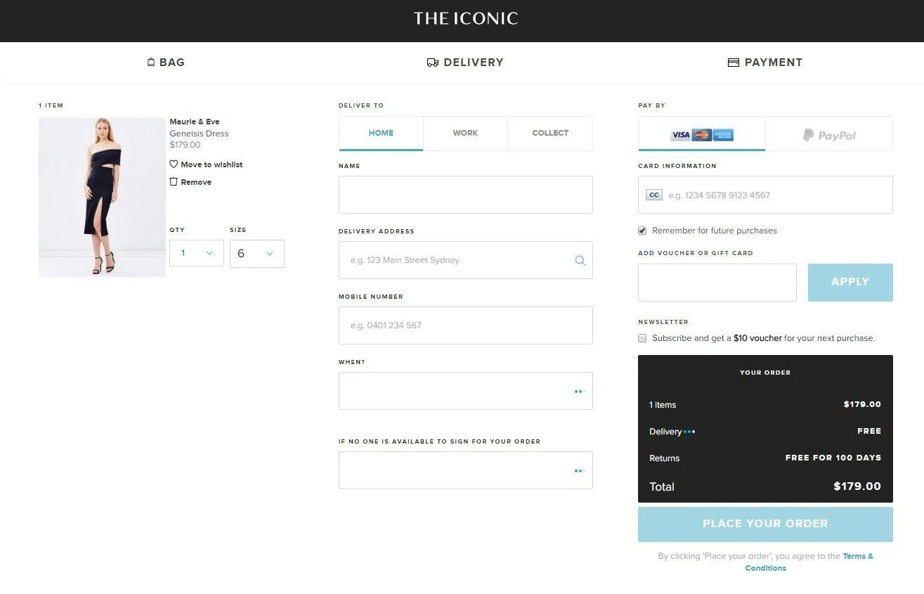 Online shopping checkout page for a black dress with order details and payment options.