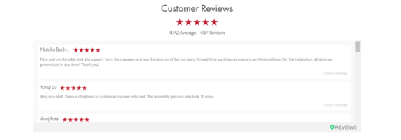 Customer reviews showing five-star ratings and positive feedback.