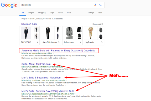 Google search results page for men's suits with highlighted ads and links.
