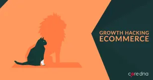 Illustration of a cat with a lion's shadow and text 'Growth Hacking Ecommerce'.