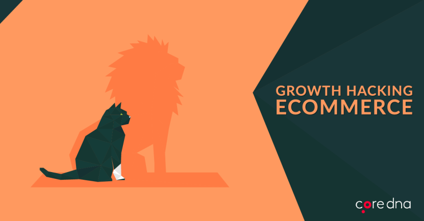 Illustration of a cat with a lion's shadow and text 'Growth Hacking Ecommerce'.