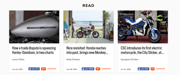 Three motorcycle articles with images of Harley-Davidson, Honda Monkey, and electric bike.