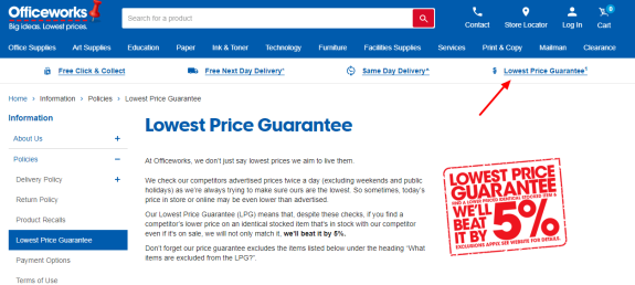 Officeworks lowest price guarantee policy page with 5 percent beat offer.
