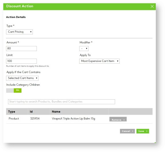Discount action setup interface with cart pricing options and product details.