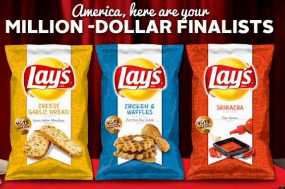 Three Lay's chip bags featuring finalists cheesy garlic bread, chicken and waffles, and sriracha flavors.