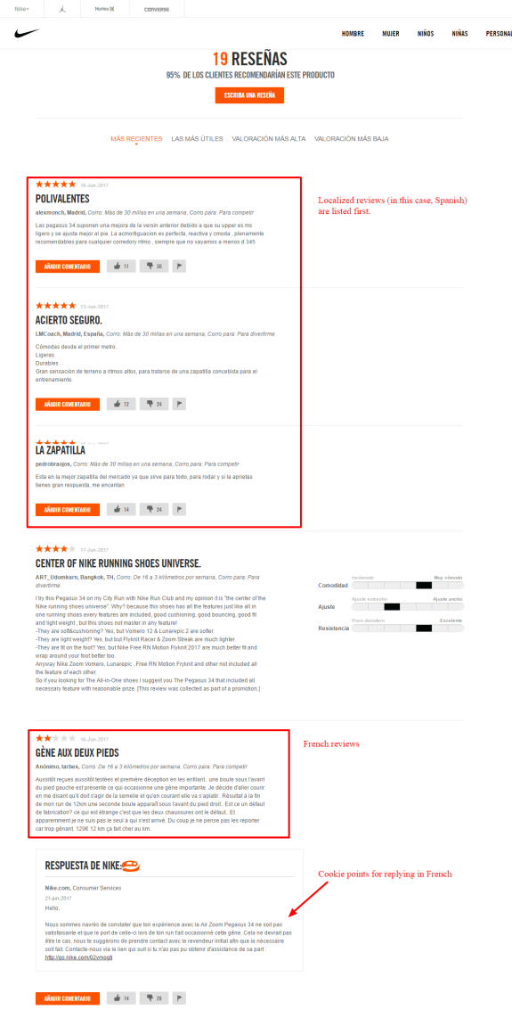 Nike product reviews page showing customer reviews in Spanish and French.