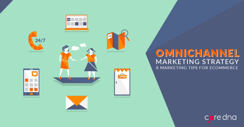 Graphic of omnichannel marketing strategy with ecommerce tips and illustrations.