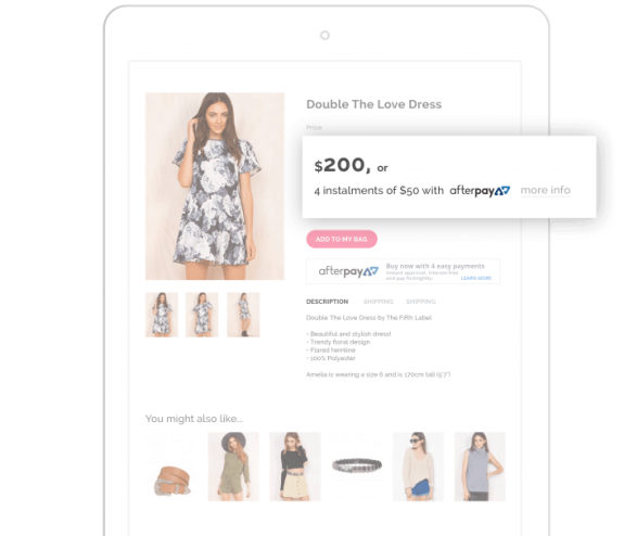 Tablet screen showing dress purchase with Afterpay option.