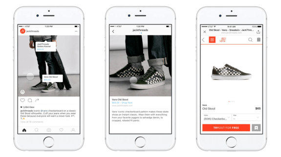 Three smartphones displaying Vans Old Skool checkerboard shoes on a shopping app.