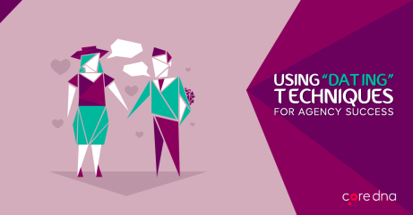 Abstract illustration of a couple with speech bubbles and text about dating techniques for agency success.
