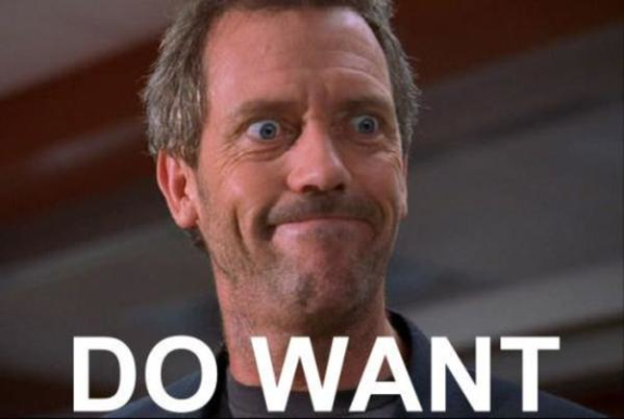 Man with humorous facial expression and text 'DO WANT'