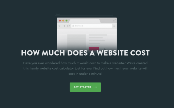 Website cost calculator promotion with browser graphic and Get Started button.