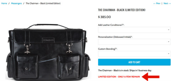Black leather messenger bag with purchase options and limited edition notice.