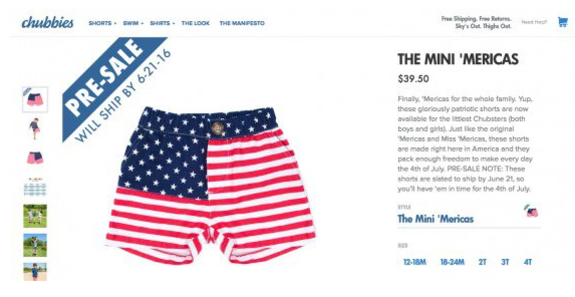 Chubbies American flag shorts for kids on presale, stars and stripes design.